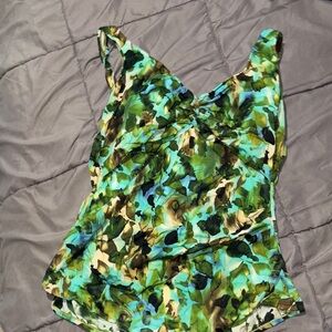Women's Green Floral Swimsuit  V-Neck